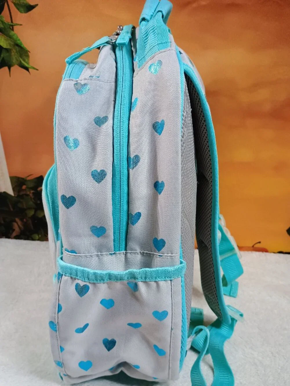 VGUC Kids Pottery Barn Aqua & Gray Glitter Heart Backpack School Bookbag